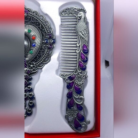 Vintage Peacock Mirror Comb Gift Set Antiqued Rhinestone Regency Vanity Boxed main image 7